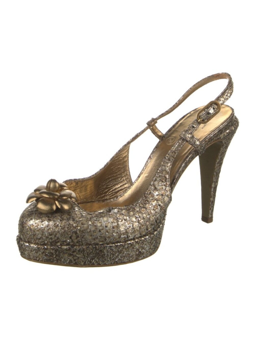 CHANEL Gold Python Patterned Slingback Camellia Platform Pumps